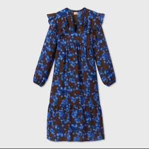 A New Day Brown Blue Floral Ruffle Midi Dress XXL